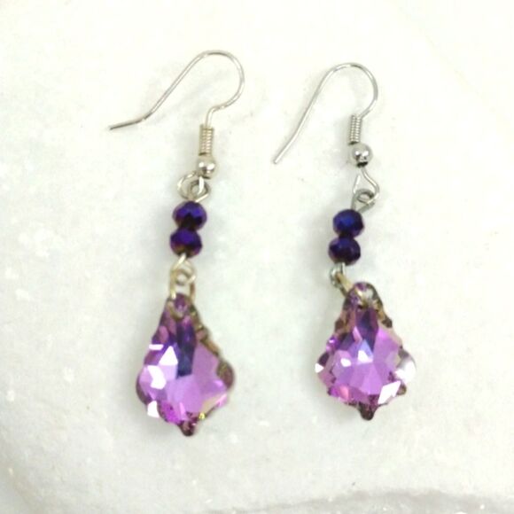 Purple Rhinestone Dangle Earrings Handmade Fish hook Drop Earrings - Picture 1 of 13